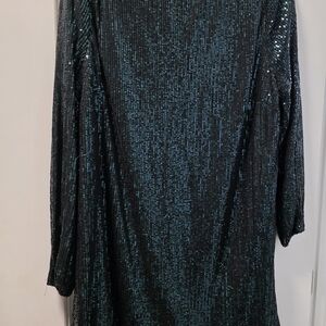 Chic Soul Black and Teal Sequined Long Sleeve Shift Dress